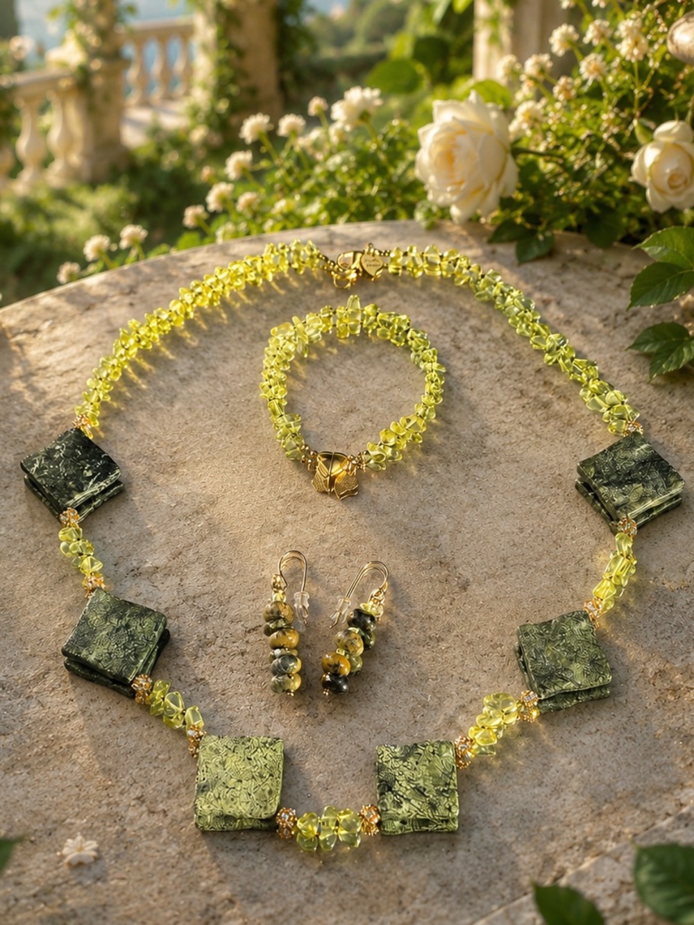 Peridot & Serpentine Gemstone Jewelry Set.